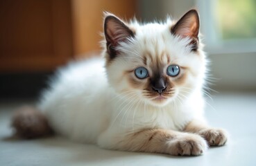 Cute fluffy Ragdoll cat with bright blue eyes lies on floor looking at camera. Young beautiful purebred kitty with white fur, light-brown muzzle. Lovely pet with pedigree rests at home. Good animal
