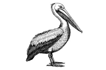 Black sketch pelican in vintage style, white background wildlife art, trendy old engraving bird design, unique pelican print, classic wildlife canvas, retro bird illustration.