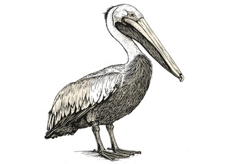 Vintage pelican illustration in old engraving style, trendy black and white bird art, wildlife sketch, classic design for decor, pelican poster print, antique wildlife art.