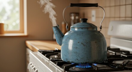 Boiling Water in Blue Kettle on Gas Stove with Rising Steam