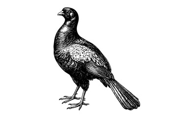Black sketch effect of a pheasant in classic engraving style, trendy vintage illustration on white background, wildlife art decor for nature enthusiasts, timeless bird art piece.