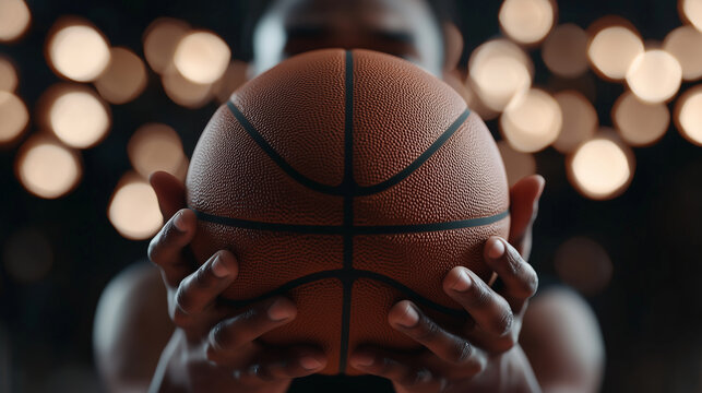 Basketball in player&acirc;s hands, focused expression, court under bright lights. High realism, fine textures.
