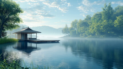 Obraz premium A pontoon on a lake its flat structure rests peace_011