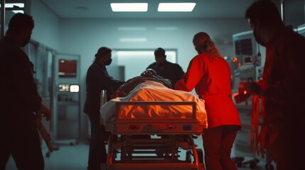 Hospital rush as a trauma patient arrives in critical condition. Featuring immediate medical response and care