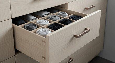 Organized drawer with neatly rolled socks,  closet organization, spring cleaning, de-cluttering