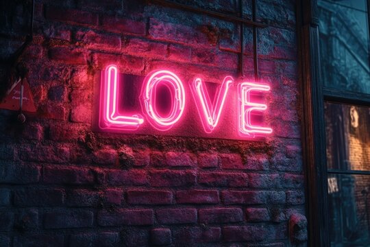 Fototapeta Pink neon 'LOVE' sign glowing on a dark brick wall at night.