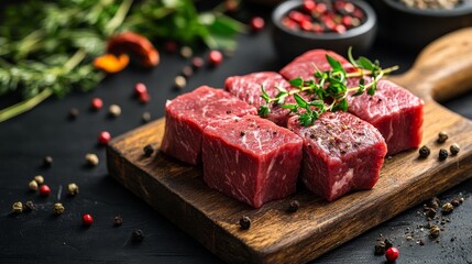 Premium Beef Cubes on Rustic Wooden Board - Juicy beef cuts, seasoned and ready, symbolize freshness, quality, culinary excellence, deliciousness, and a gourmet meal