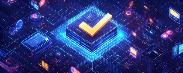 Digital interface with a highlighted checkmark symbol surrounded by technology visuals