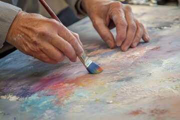 Close-up of elderly hands delicately applying paint to a canvas with a brush, creating an abstract artwork.