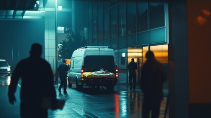 Hospital rush as an ambulance arrives with a critical patient. Featuring urgency and professionalism