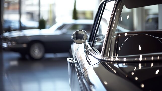 A car showroom featuring a classic luxury sedan. Featuring refinement and sophistication