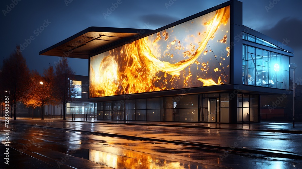 Wall mural night cityscape with dynamic led display showcasing a fiery abstract design