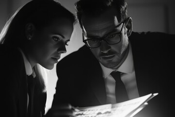 Two business professionals, a man and a woman, intently review documents in a dimly lit office.