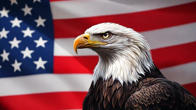 Bald eagle portrait, American flag backdrop, patriotic symbolism, digital art