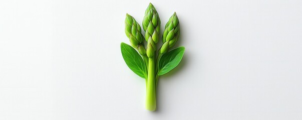 Fresh asparagus stalks with leaves displayed on a minimal white background