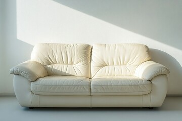 Cream leather sofa sits in a sunlit room against a white wall.