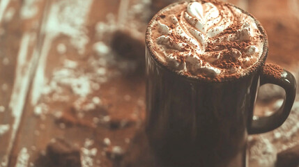 Warm Hot Chocolate with Marshmallows and Cocoa Powder in Rustic Mug