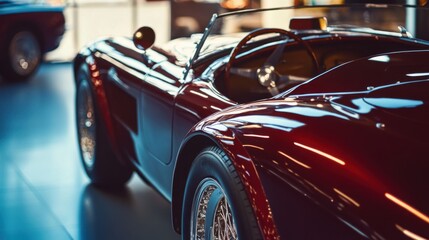 A car showroom featuring a classic sports car. Featuring timeless design and speed