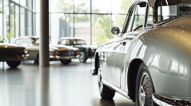 A car showroom featuring a classic vintage car. Featuring timeless design and craftsmanship
