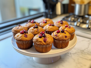 Freshly baked cranberry muffins cooling on cake stand in kitchen
