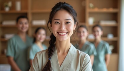 Smiling woman in spa uniform poses with team. Portrait of confident beautician, wellness expert in luxury salon. Asian female leader, skincare professional, hospitality industry representative. Group
