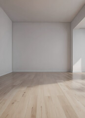 Empty room. wall and floor background. Minimalist style room. Clean studio. simple interior. Minimal room. sunlight, wooden floor,white wall, beige wall. good for key up. Building and architecture