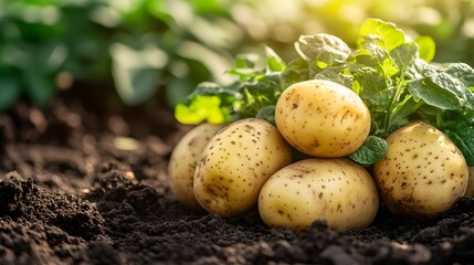 Freshly Harvested Potatoes and Foliage Resting in the Soil
