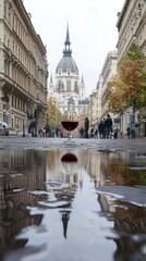 Fototapeta premium A wine glass reflects the image of a historic building situated along a busy city street on a cloudy day, capturing the vibrant atmosphere