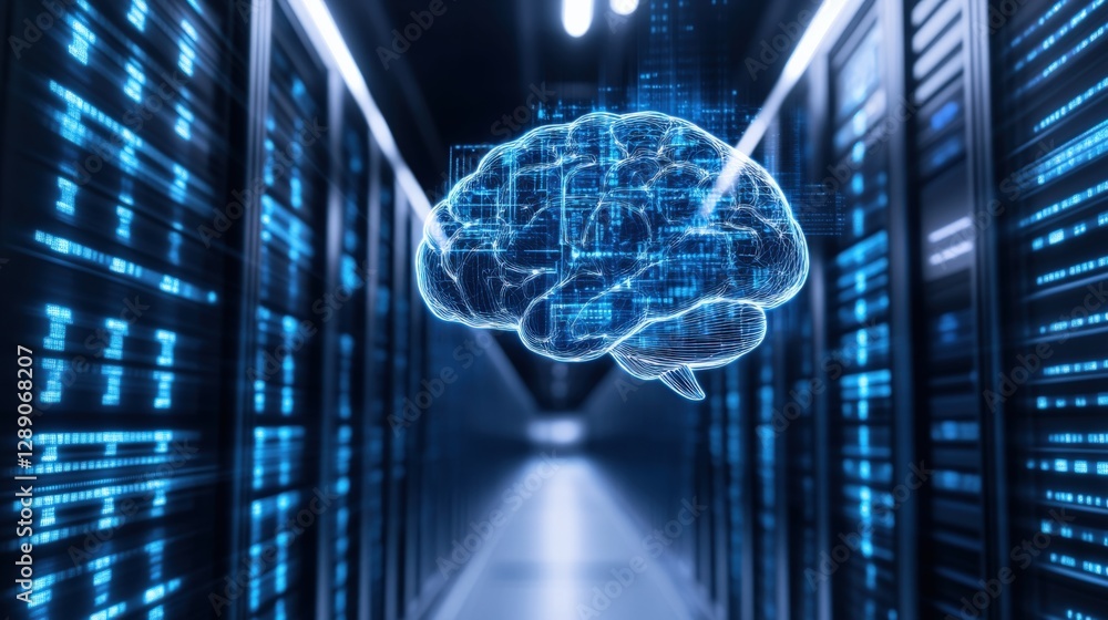 Poster artificial intelligence revolutionizes data management in server rooms digital brain concept in high