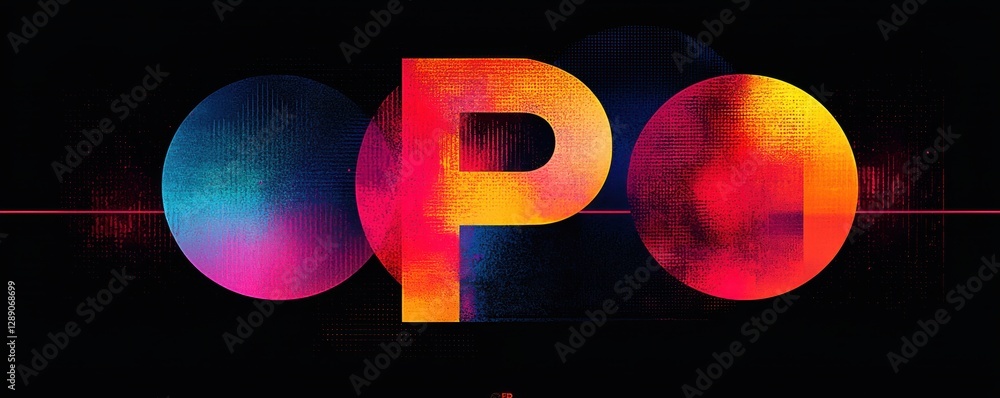 Poster abstract design with vibrant text and geometric shapes on dark background