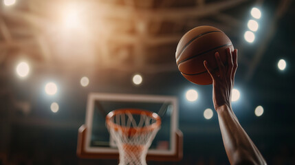 Hands throwing basketball into hoop, ball in mid-air, focused shot. Sharp details, dynamic action.