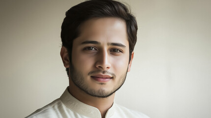 Fototapeta premium Portrait of young man with dark hair light complexion and neat beard against neutral backdrop