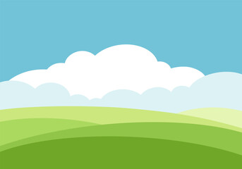 Obraz premium Spring panoramic landscape of fresh green hills, fields, sky with clouds, flat design, vector. Color background illustration, hand-drawn. Graphic element for banner, poster, label, cover design