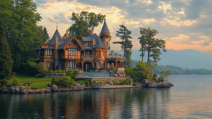 Historic mansion island European waterside architecture scenic lakeside estate feels warm and inviting with nature beauty dusk, presenting