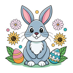 A Cute Easter Rabbit Bunny with Decorated Eggs - Adorable Spring vector art Illustration.
