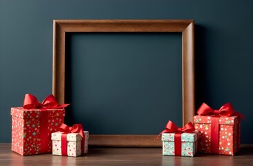 Frame with free place and gift boxes with red ribbons. on dark background. Copy space.