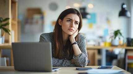 Woman alone at desk looking disinterested and demo feeling frustrated fit manager overwhelmed by work