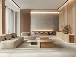 Minimalist office lounge with Scandinavian design elements, serene setting evokes sense of calm and productivity
