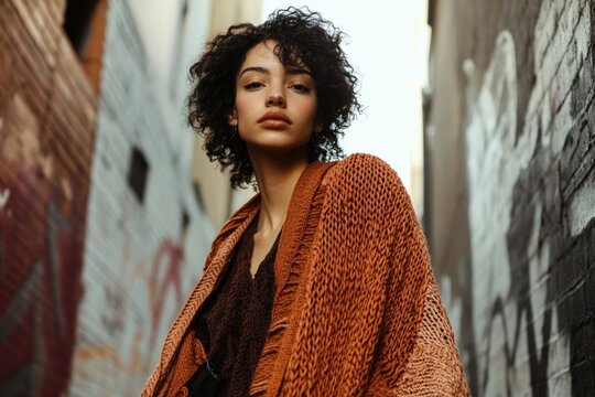 A young woman with curly hair confidently poses in a rustic alleyway, wearing a textured orange cardigan. - Powered by Adobe