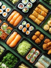 Colorful Arrangement of Various Sushi Types and Japanese Dishes in Black Containers on a Green Surface for Culinary and Food Photography