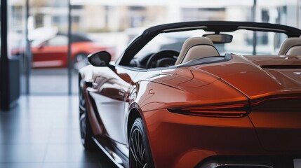 A car showroom featuring a convertible luxury sports car. Featuring elegance and freedom