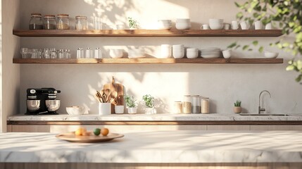 Sunlit Modern Kitchen With Wooden Shelves And Marble Countertop