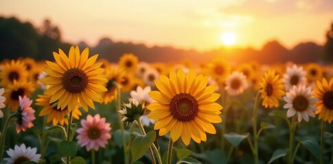 Obraz premium Golden hour on a field of white and pink sunflowers, golden light, flowers
