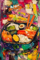 Fototapeta premium Vibrant Abstract Oil Painting of Colorful Japanese Bento Box with Rice, Fish, and Pickled Vegetables