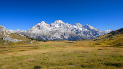 Fototapeta premium Majestic Mountain Range with Snow-capped Peaks and Expansive Meadow