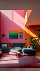 A vibrant living room showcasing modern design. Bold colors bounce off the walls, creating an inviting atmosphere. Perfect for inspiring creativity and relaxation. Generative AI
