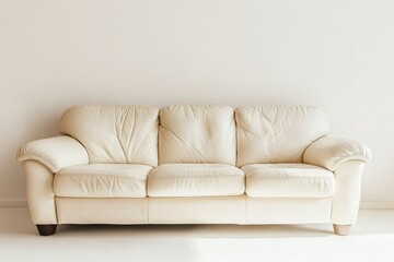Cream leather sofa against a white wall, simple and elegant design.