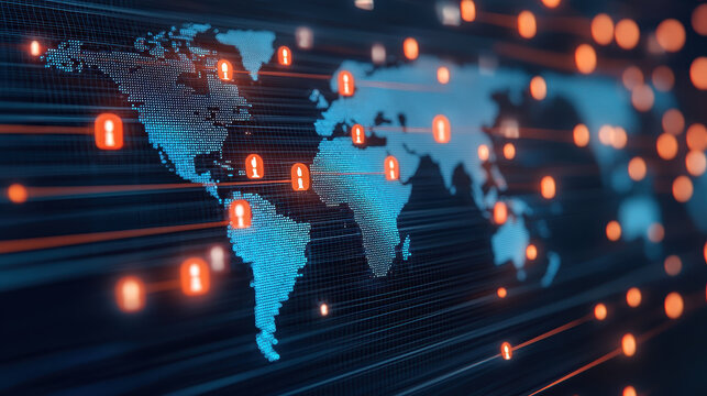 Virtual classroom online learning concept, digital world map with security locks, representing cybersecurity and data protection