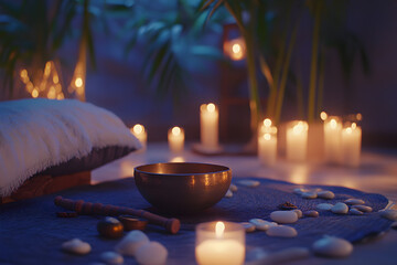 A serene spa setting with Tibetan singing bowls, candles, and soft lighting, creating a peaceful and relaxing atmosphere