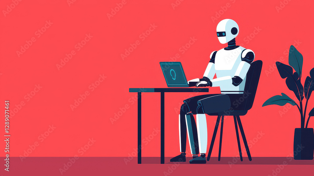 Poster virtual classroom online learning concept, robot working on laptop at desk with plant in modern sett